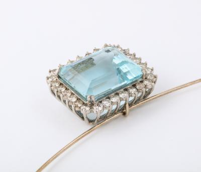 Large Aqua and Diamond Platinum Pendant Brooch