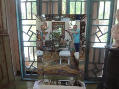 Large Art Deco Etched Bullseye Venetian Style Mirror