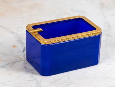 Large Art Deco Lapis Lazuli Opaline Ashtray with Brass Mounts France