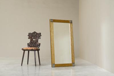 Large Art Deco Mirror in Patinated Brass with Facetted Mirror Glass 1960s