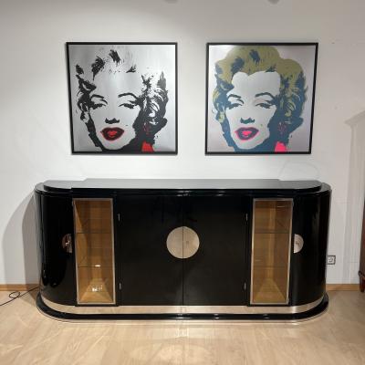 Large Art Deco Sideboard Black Lacquer Maple Lighting France circa 1930