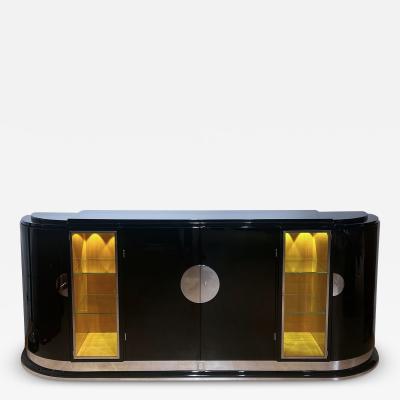 Large Art Deco Sideboard Black Lacquer Maple Lighting France circa 1930