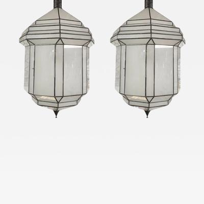 Large Art Deco Style White Milk Glass Chandelier Pendant or Lantern a Pair