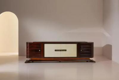 Large Art Deco sideboard with parchment inlays and black glass top Italy 1920s