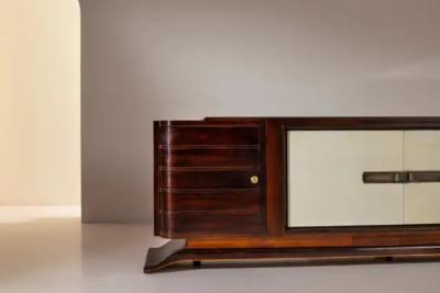 Large Art Deco sideboard with parchment inlays and black glass top Italy 1920s