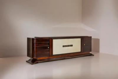 Large Art Deco sideboard with parchment inlays and black glass top Italy 1920s