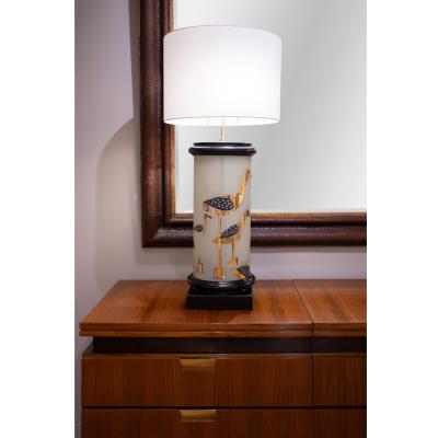 Large Artisan Table Lamp with Hand Painted Bird Motif 1960s