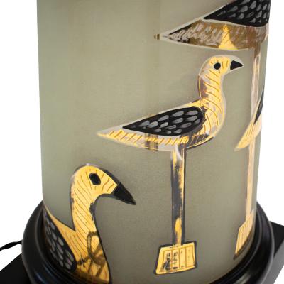 Large Artisan Table Lamp with Hand Painted Bird Motif 1960s