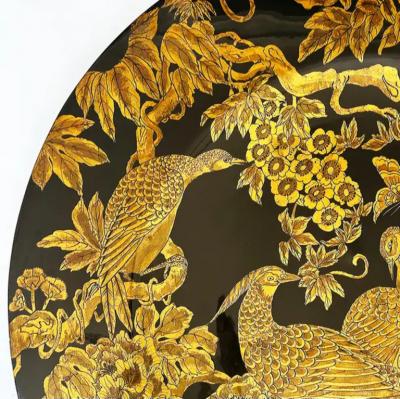 Large Asian Black Lacquer Gilt Wood Bird Charger on Stand Hand Painted