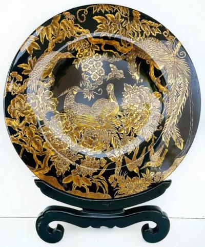 Large Asian Black Lacquer Gilt Wood Bird Charger on Stand Hand Painted