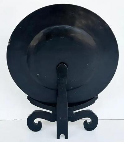 Large Asian Black Lacquer Gilt Wood Bird Charger on Stand Hand Painted