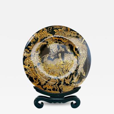 Large Asian Black Lacquer Gilt Wood Bird Charger on Stand Hand Painted