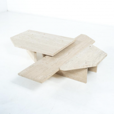 Large Asymmetrical Coffee Table attributed to Willy Ballez Travertine 1970s