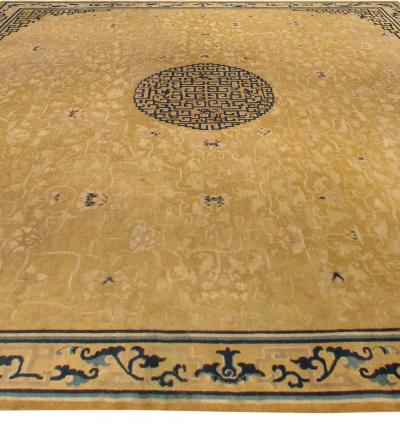 Large Authentic 19th Century Chinese Gold Beige Indigo Blue Handmade Carpet