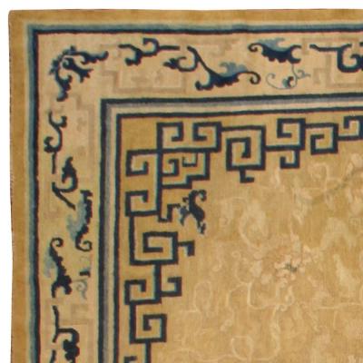 Large Authentic 19th Century Chinese Gold Beige Indigo Blue Handmade Carpet