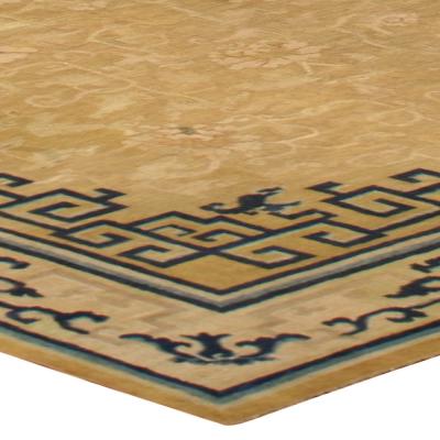 Large Authentic 19th Century Chinese Gold Beige Indigo Blue Handmade Carpet