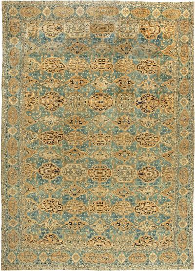 Large Authentic Kirman Botanic Blue Brown Handmade Wool Rug