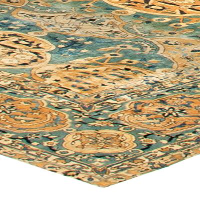 Large Authentic Kirman Botanic Blue Brown Handmade Wool Rug