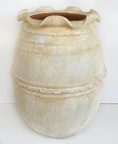 Large Balinese Scalloped Lip Unglazed Terracotta Planter White Washed Finish