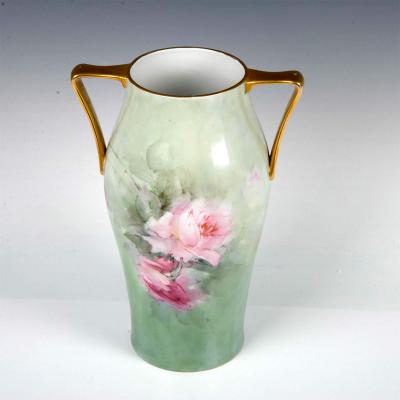 Large Bavarian Porcelain Double Handled Vase Hand Painted Roses Gold