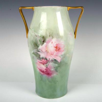Large Bavarian Porcelain Double Handled Vase Hand Painted Roses Gold