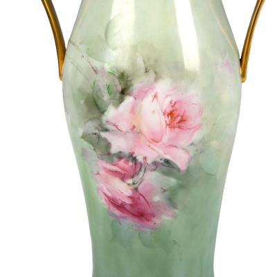 Large Bavarian Porcelain Double Handled Vase Hand Painted Roses Gold