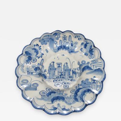 Large Blue and White Scalloped Dish with Chinoiserie Landscape