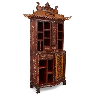Large Bone Inlaid Hardwood Boxwood and Ebony Chinese Cabinet
