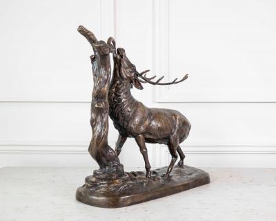 Large Bronze Animal Group Rutting Stag Late 19th Century