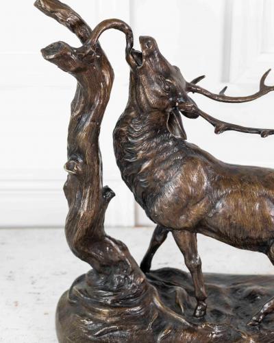 Large Bronze Animal Group Rutting Stag Late 19th Century