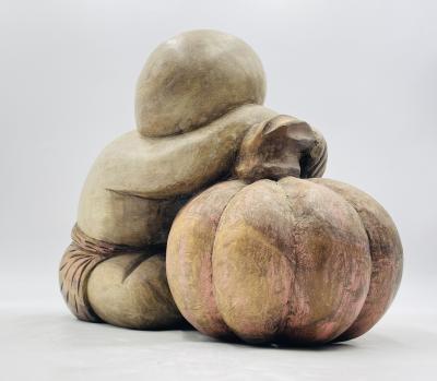 Large Carved Wood Sculpture of a Sleeping Child with Pumpkin Southeast Asia