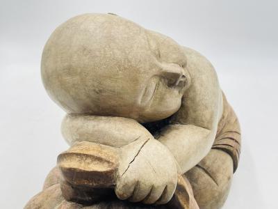 Large Carved Wood Sculpture of a Sleeping Child with Pumpkin Southeast Asia
