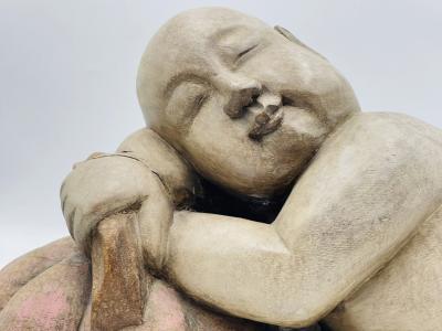 Large Carved Wood Sculpture of a Sleeping Child with Pumpkin Southeast Asia