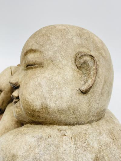 Large Carved Wood Sculpture of a Sleeping Child with Pumpkin Southeast Asia