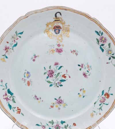 Large Chinese Export Mid 18th Century Armorial Charger in Famille Rose Colors