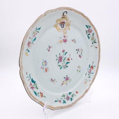 Large Chinese Export Mid 18th Century Armorial Charger in Famille Rose Colors