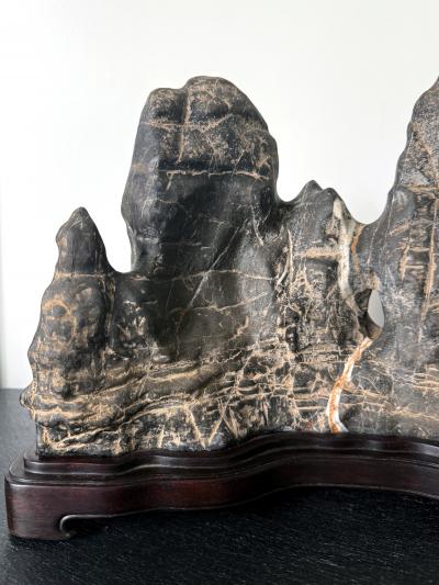 Large Chinese Horizontal Gray Lingbi Scholar Stone with Grotto on Display Stand