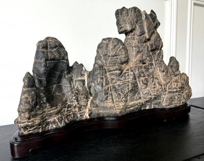 Large Chinese Horizontal Gray Lingbi Scholar Stone with Grotto on Display Stand