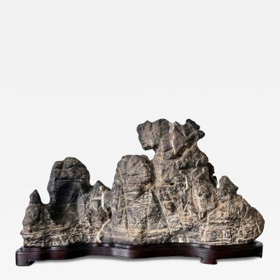 Large Chinese Horizontal Gray Lingbi Scholar Stone with Grotto on Display Stand