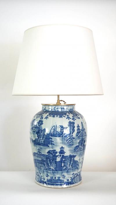 Large Chinese Late Qing Dynasty Blue and White Baluster Vase Table Lamp
