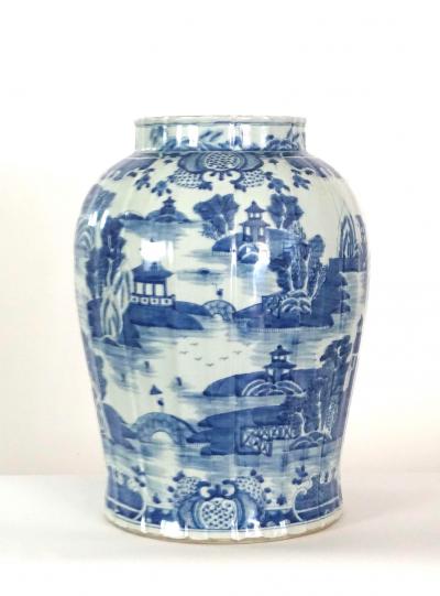 Large Chinese Late Qing Dynasty Blue and White Baluster Vase Table Lamp