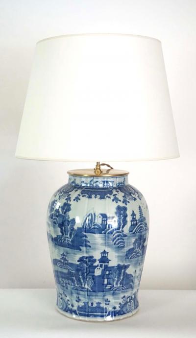 Large Chinese Late Qing Dynasty Blue and White Baluster Vase Table Lamp