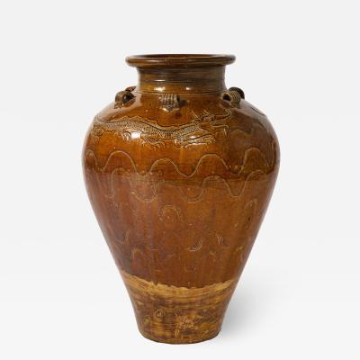 Large Chinese Martaban Ming Dynasty Stoneware Storage Vase with Dragons