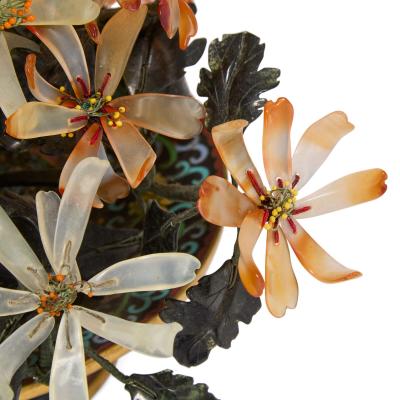 Large Chinese agate and nephrite flower model in a cloisonn enamel basket