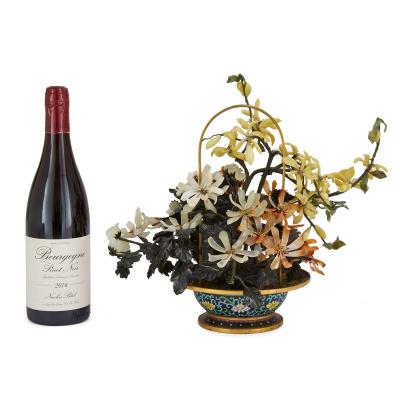 Large Chinese agate and nephrite flower model in a cloisonn enamel basket