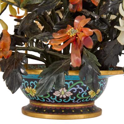 Large Chinese agate and nephrite flower model in a cloisonn enamel basket