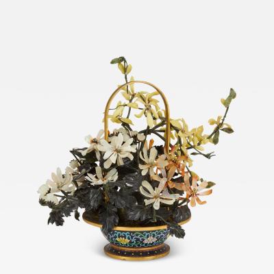 Large Chinese agate and nephrite flower model in a cloisonn enamel basket