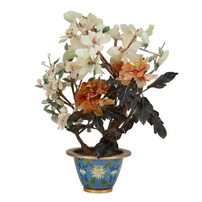 Large Chinese hardstone flower tree model in a cloisonn enamel pot