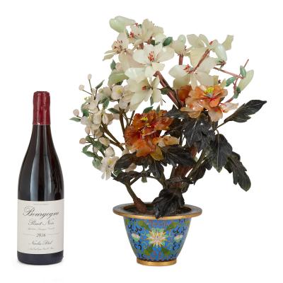 Large Chinese hardstone flower tree model in a cloisonn enamel pot