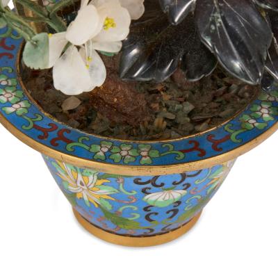Large Chinese hardstone flower tree model in a cloisonn enamel pot